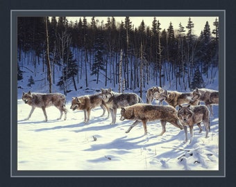 THE GATHERING Fabric Quilt Panel 100% Cotton, Wolf, Snow, Wildlife