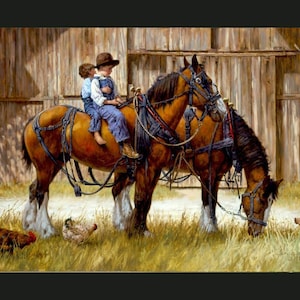 BACK To The BARN Fabric Quilt Panel 100% Cotton, Farm, Horses, Rustic Barn, Nostalgia