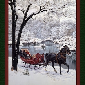 SNOW GLORY Fabric Quilt Panel 100% Cotton Woven Fabric, Horse, Sleigh, Vintage, Nostaglia