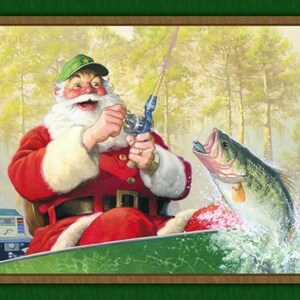 SANTA&#39;S TROPHY Fabric Quilt Panel 100% Cotton, Christmas, Holiday, Fish, Santa Claus