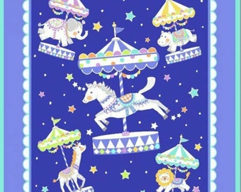 CAROUSEL HORSES Fabric Quilt Baby Panel 100% Cotton Woven Fabric