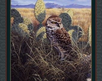 BURROWING OWL Wildlife Fabric Quilt Panel 100% Cotton Woven Fabric