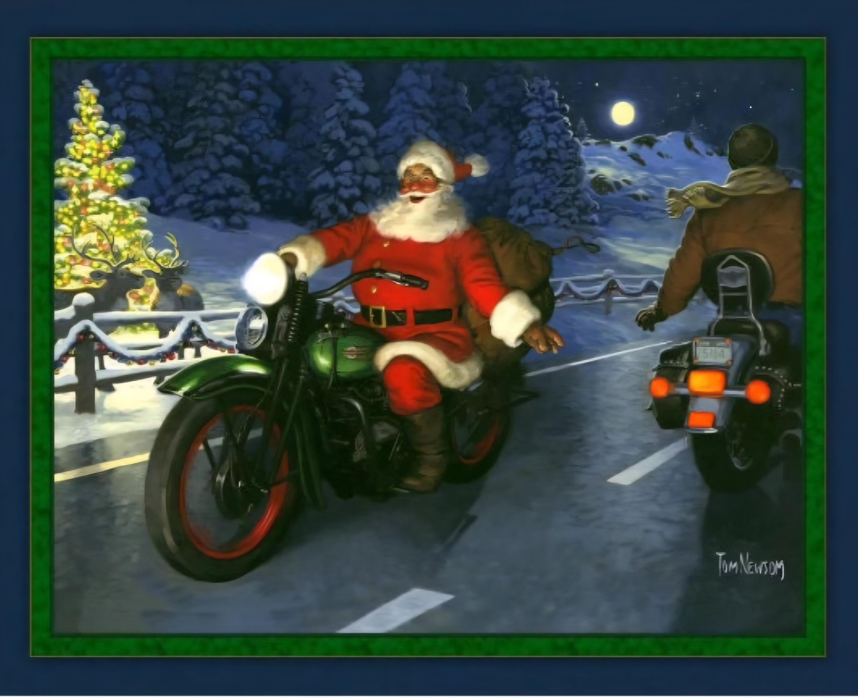 MOTORCYCLE SANTA Fabric Quilt Panel 100% Cotton, Christmas, Holiday, Biker