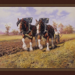 WORKING the FIELDS Fabric Quilt Panel 100% Cotton, Farm, Horse, Nostaglia, Wagon