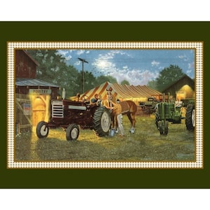 HORSE POWER Fabric Quilt Panel 100% Cotton, Landscape Tractor, Barn