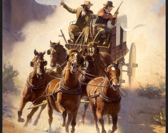 MUDWAGON EXPRESS Fabric Quilt Panel 100% Cotton, Mud Wagon, Cowboy, Horse, Western, Nostaglia