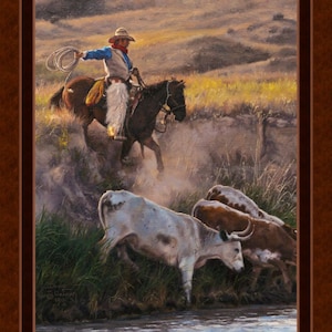 May include: A cowboy on horseback rides through a field of tall grass, herding a group of white and brown cattle towards a river. The cowboy is wearing a white hat, a blue shirt, and brown pants. The cattle are drinking from the river.