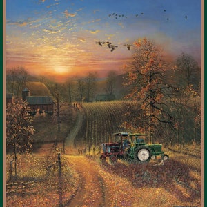 HARVEST BREAK Fabric Quilt Panel 100% Cotton, Farm, Tractor, Country, Nostalgia, Sunset