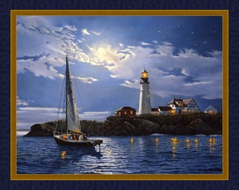 SERENITY Fabric Quilt Panel 100% Cotton, Lighthouse, Sailboat, Nautical, Lake, Beach