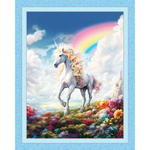 May include: A white unicorn with a flowing rainbow-colored mane and tail stands in a vibrant field of multi-colored flowers. A large, arched rainbow stretches across a bright blue sky filled with fluffy white clouds above the unicorn.