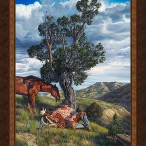DOWNTIME  Fabric Quilt Panel 100% Cotton, Cowboy, Horse, Western, Old West, Ranch
