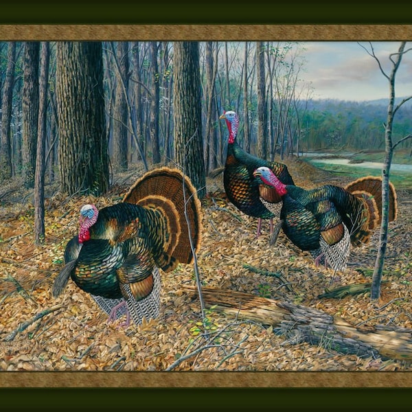 RIDING THE COATTAILS Turkey Hunting Fabric Quilt Panel 100% Cotton Woven Fabric