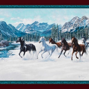 WINTER FROLIC Fabric Quilt Panel 100% Cotton, Horses, Snow, Wildlife, Mountain, Cabin