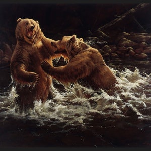CLASH Fabric Quilt Panel 100% Cotton, Grizzly Bear, Wildlife, Animal, Cabin, Lake, Mountain