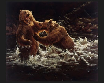 CLASH Fabric Quilt Panel 100% Cotton, Grizzly Bear, Wildlife, Animal, Cabin, Lake, Mountain