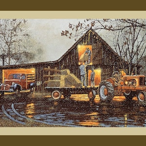 LAST CHORE Fabric Quilt Panel 100% Cotton, Farm, Tractor, Rustic Barn, Snow