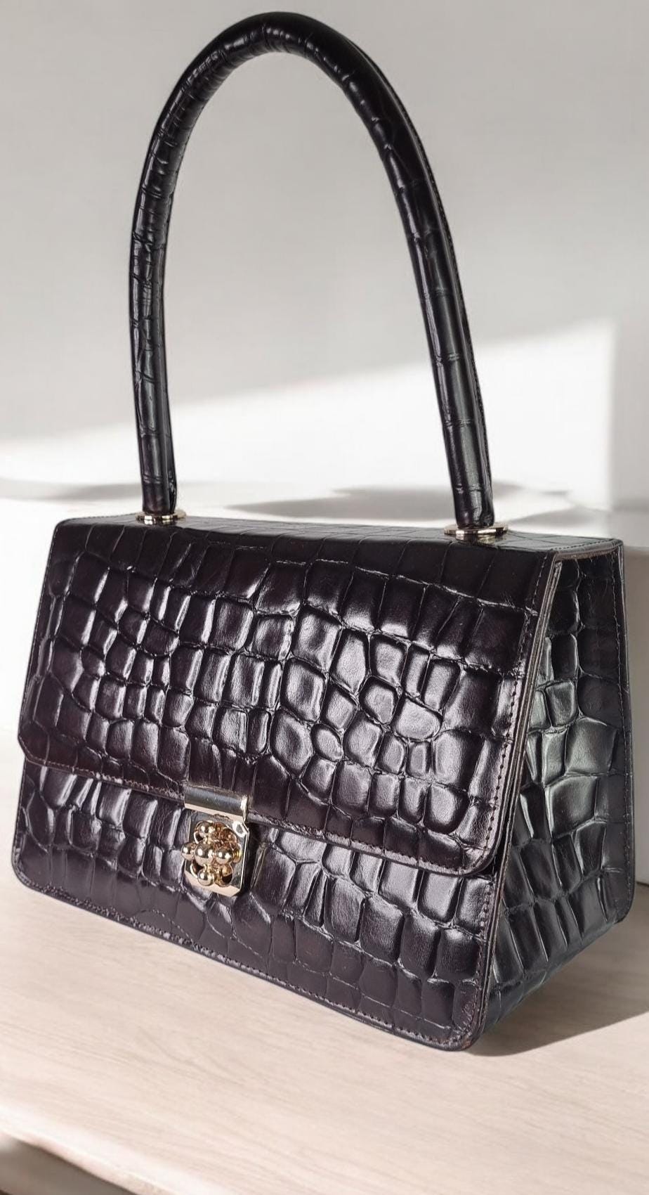 Handmade Crocodile Embossed Leather Top Handle Bag - Mahogany Brown