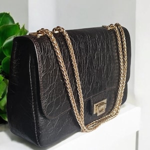 Textured Noir Leather Chain Bag, Crossbody Bag, Handmade, Shoulder Bag, Genuine Leather, Gift For Her, Women&#39;s Bag