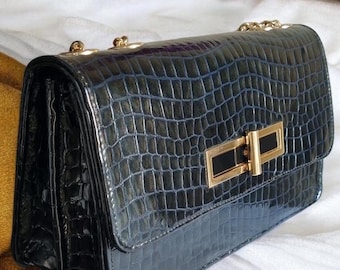 Handmade Crocodile Embossed Leather Chain Bag: Midnight Blue Crossbody
