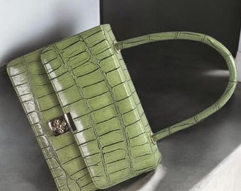 Sage Crocodile Embossed Leather Top Handle Bag - Handmade