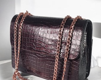 Crocodile Embossed Leather Bag: Handmade Rose Gold Chain Crossbody