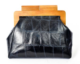 Vintage Black Crocodile Embossed Leather Clutch with Wooden Frame