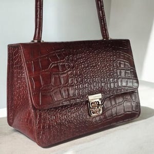 Deep Burgundy Crocodile Embossed Top Handle Bag, Handmade, Shoulder Bag, Genuine Leather, Contemporary Handbag, Gift For Her, Women's Bag