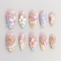 Flower Bloom Elegance Press On Nails Short Almond Nails\/Flower Nails\/Yellow Nails\/Summer Vacation Nails\/Shell Nails\/Holiday Nails\/Blue Nails