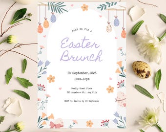 Invito per il brunch di Pasqua, invito floreale primaverile, modello di Pasqua modificabile, invito per le feste stampabile, invito per la festa di Pasqua, download immediato