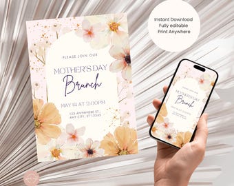 Boho Floral Brunch Invitation, Rustic Digital Template, Editable Brunch Invite, Mother’s Day Invitation, Printable Invite, Instant Download