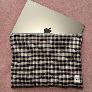 Quilted Navy Plaid Laptop Sleeve | Zipper Laptop Case | Classic Blue MacBook Cover | Handmade Checkered Computer Sleeve