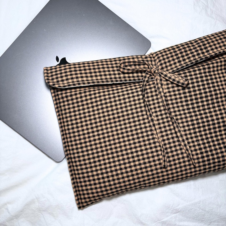 Classic Brown Gingham Laptop Sleeve | Quilted Laptop Case with Bow | Stylish MacBook Cover | Vintage-Inspired Computer Sleeve image 1