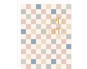 Multi Check Let's Party Card - Checker Birthday Card, Modern Birthday Card, Checker Let's Party Card, Colorful Birthday Card