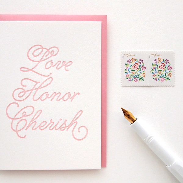 SALE Letterpress Wedding Card - Love Honor Cherish