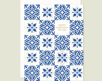 Carte Joyeux anniversaire, carreaux bleus italiens : détails en feuille d'or