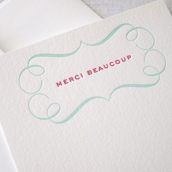 Merci Beaucoup Letterpress Stationery - Set of 6 Flat Notes