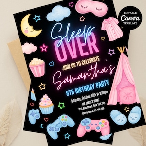 Sleepover Birthday Invitation, Slumber Party Birthday Invite, Pajama Party, Neon Sleepover Invitation, Canva Template