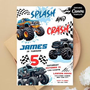 Monster Truck Pool Party Invitation | Editable Digital Template for Kids Birthday | Summer Splash Bash Invite