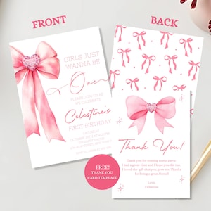 Pink Bow Birthday Invitation Soft Pastel Pink Ribbon Elegant Coquette Girl 1st Birthday Party Invite Girls Just Wanna Be ONE EDITABLE AT63P