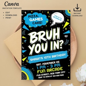 Bruh verjaardagsuitnodiging, elke leeftijd, elk thema digitale sjabloon, bewerkbare feestuitnodiging, instant download, afdrukbare verjaardagskaart, neon graffiti
