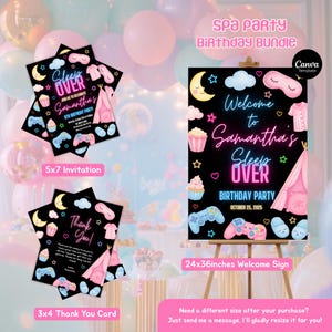 Sleepover Birthday Invitation, Slumber Party Birthday Invite, Pajama Party, Neon Sleepover Invitation, Canva Template Bundle