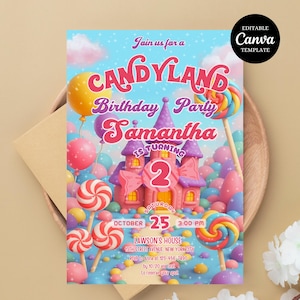 Editable Sweet Celebration Birthday Invitation, Candy Land Invitation, Candy Birthday Party Invitation, Candyland, Printable Canva Template