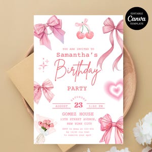 Pink Bow Invitation - Coquette Birthday Girl Invite | Editable & Printable Invitation Template | Digital Download for Girl Birthday Party