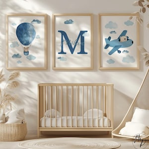 Set di poster personalizzabili per cameretta dei bambini, aeroplano, mongolfiera, decorazione blu, poster, immagine da parete, regalo per la cameretta dei bambini, download digitale