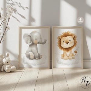 Poster Kinderzimmer Dschungel Safari Löwe Elefant Babyzimmer Mädchen Junge neutral minimalist Deko Bilder Boho Wandkunst Digitaler Download