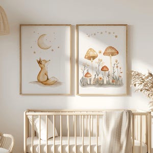 Póster imágenes animales del bosque habitación bebé habitación infantil cuadro zorro seta decoración regalo set de 2 bautizo neutro niño niña descarga digital DIN A4