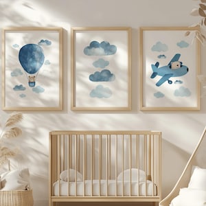 Set di poster per cameretta dei bambini, aeroplano, mongolfiera, poster decorativi blu, immagini da parete per cameretta dei bambini | regalo di nascita, battesimo, compleanno, download digitale