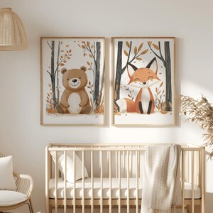 Bild Kinderzimmer Waldtiere Bär Fuchs Posterset Babyzimmer Deko Wandbild Kinderzimmer Digital Download Geschenk Mädchen Junge neutral braun