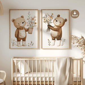 Póster de pared con diseño de oso y flores, juego de 2 unidades, tamaño A4, animales del bosque, habitación de bebé, habitación infantil, decoración de cuadros, animales, regalo, neutro, niño y niña, descarga digital