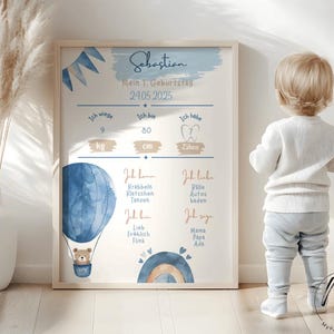 Carte d'étape, tableau d'étape, garçon, montgolfière bleue, ours, développement, 1er 2e anniversaire, modèle de téléchargement d'impression personnalisable